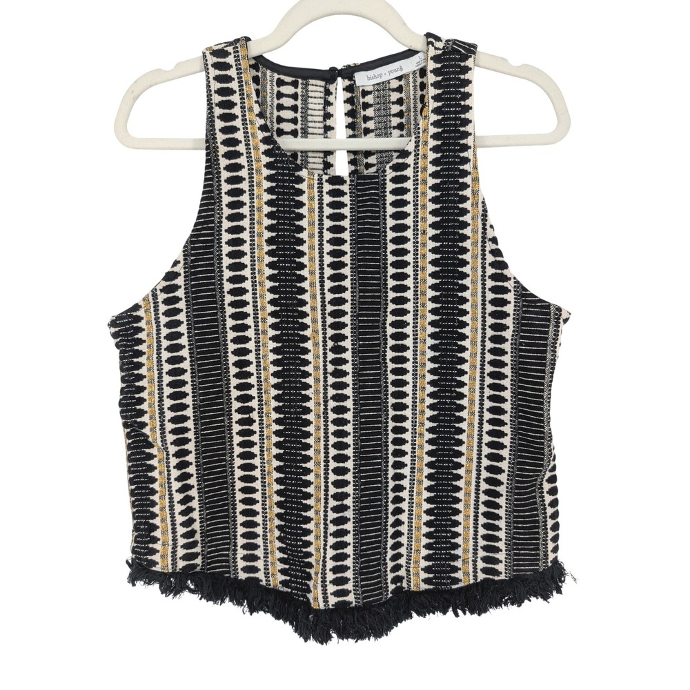Bishop + Young Tank Top‎ Women L Black Geometric Woven Fringe Metallic Crop Boho